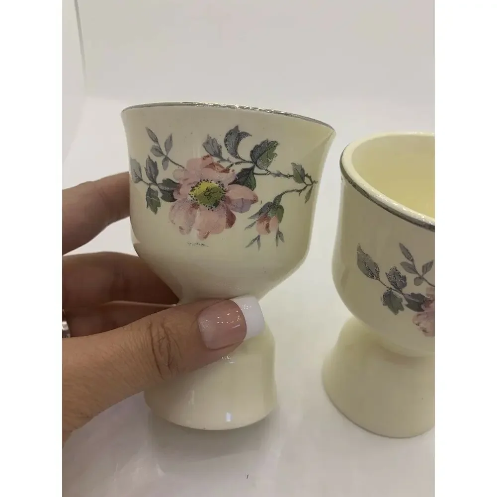 ✨ Vintage Cream Ceramic Floral Egg Cups w/ Silver Rim - Set of 2 ✨